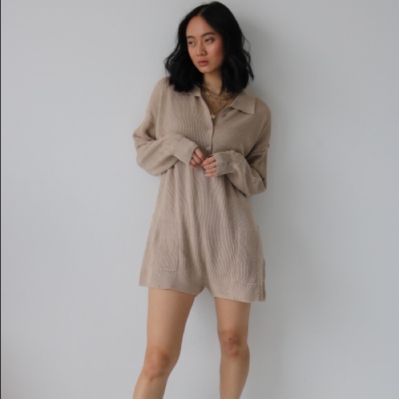Tan Knit Button Down Romper - Picture 5 of 6
